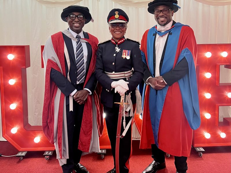 Ade Williams left with, Lord Lieutenant Peaches Golding, and Professor Emmanual Adukwu at the degree ceremony