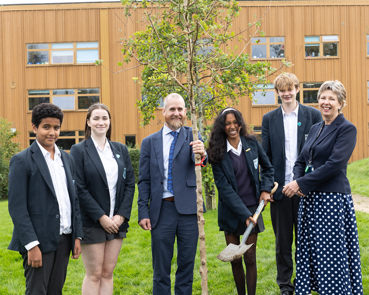 Redland Green School headteacher Ben Houghton and Nicky Edmondson, CEO of Excalibur, with students