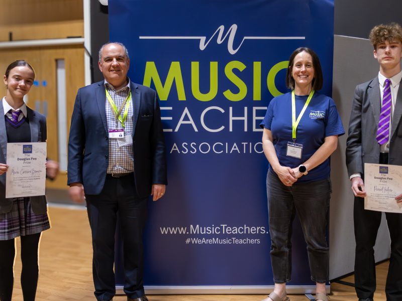 Trinity student Mairi with headteacher Eiron Bailey, Catherine Barker from the Music Teacher Association and Trinity student Pavel