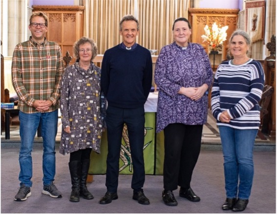 Mark Pilgrim with, from left, youth minister Simon Collins, lay minister Sarah Thomas, curate Kandice Douglas and lay minister Kathy Kilgour